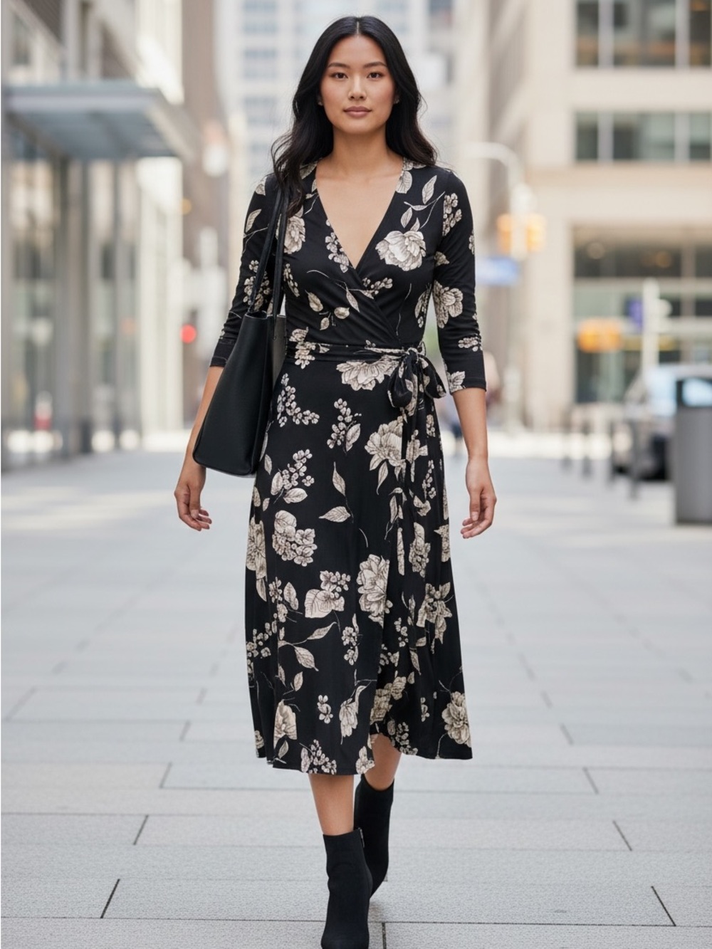 Ralph Lauren Black & Cream Midi Dress with Floral Print and Belt